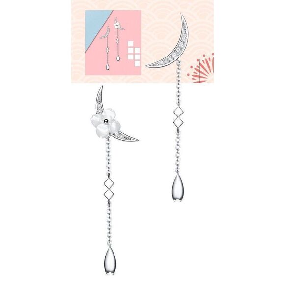 Silver Crescent Earrings Crystal Pearl Flower - Picture 3 of 7